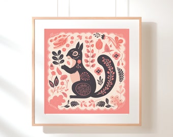 Squirrel Wall Art: Dusty Rose Folk Art Print (Instant Download)