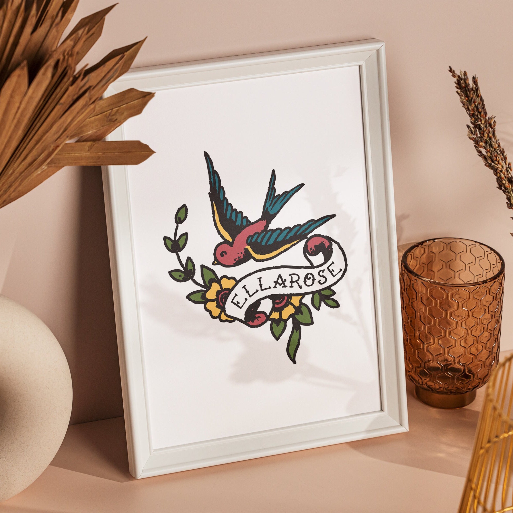 Custom Tattoo Sparrow Art Print: Personalized Nursery Decor