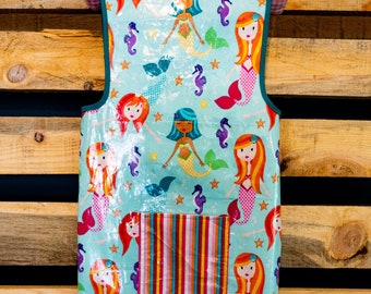 Art Smock Apron - Girls Love Mermaids Vinyl Apron - Fits 2T-4T