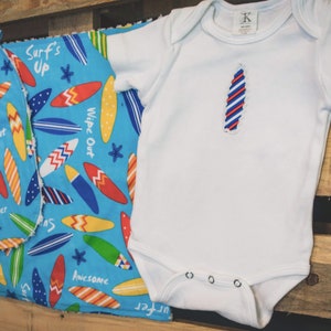 Surf's Up Blue Surfboard Baby Gift set includes bib, bodysuit, burp cloth available in size newborn 24 months image 3