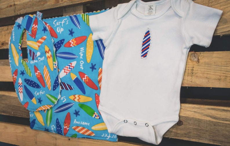 Surf's Up Blue Surfboard Baby Gift set includes bib, bodysuit, burp cloth available in size newborn 24 months image 3