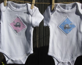 Baby Twin Elephant Bodysuit Gift - Boy Girl Twins - Size NB-12 months