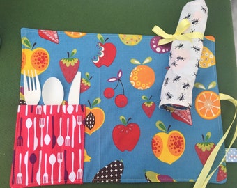 Roll up Picnic Placemat - Fruit with Ants - includes Compostable and Reusable Utensils