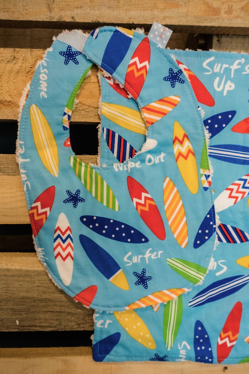 Surf's Up Blue Surfboard Baby Gift set includes bib, bodysuit, burp cloth available in size newborn 24 months image 2