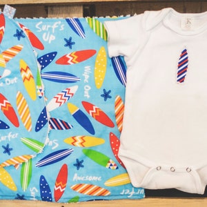 Surf's Up Blue Surfboard Baby Gift set includes bib, bodysuit, burp cloth available in size newborn 24 months image 1