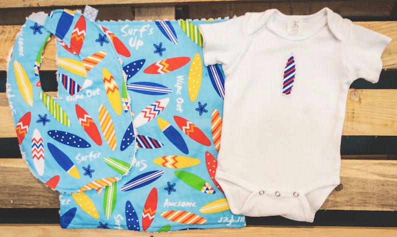 Surf's Up Blue Surfboard Baby Gift set includes bib, bodysuit, burp cloth available in size newborn 24 months image 1