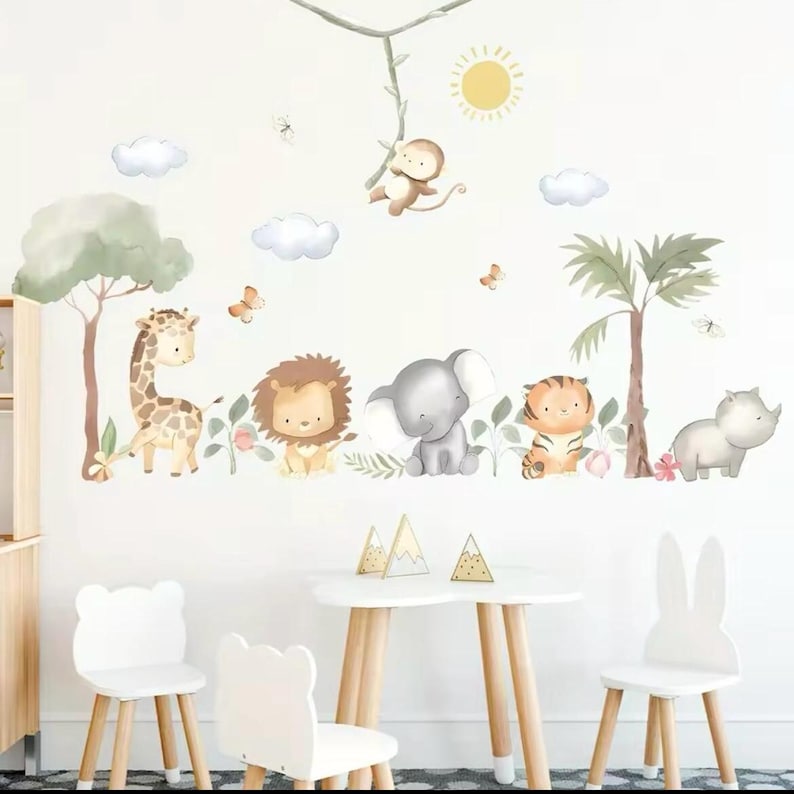 Watercolour Safari Animals Wall Decal Set, Peel and Stick Nursery Decor ...