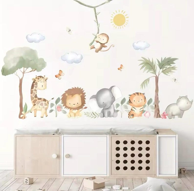 Watercolour Safari Animals Wall Decal Set, Peel and Stick Nursery Decor ...