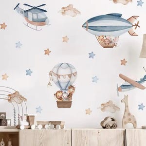 Cute animal Hot Air Balloon Wall Sticker set for kids, blue, pink, green, brown, wall decal, watercolor decal set, nursery peel and stick