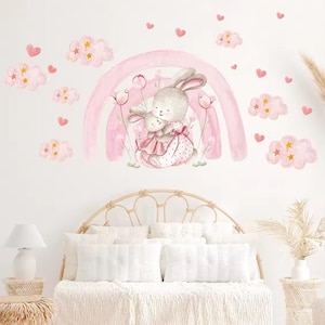 Cute Bunny Cuddles Wall Sticker set for kids, Pink, wall decal, watercolor decal set, nursery peel and stick nursery baby Snuggles