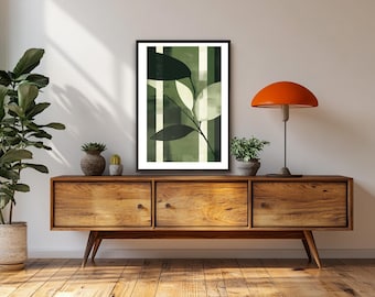 Botanical art print in shades of green, abstract plant poster, minimalist nature wall art, modern leaf decoration, greenery art print