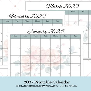 2025 Printable Floral Calendar/Desk and Wall Printable Calendar