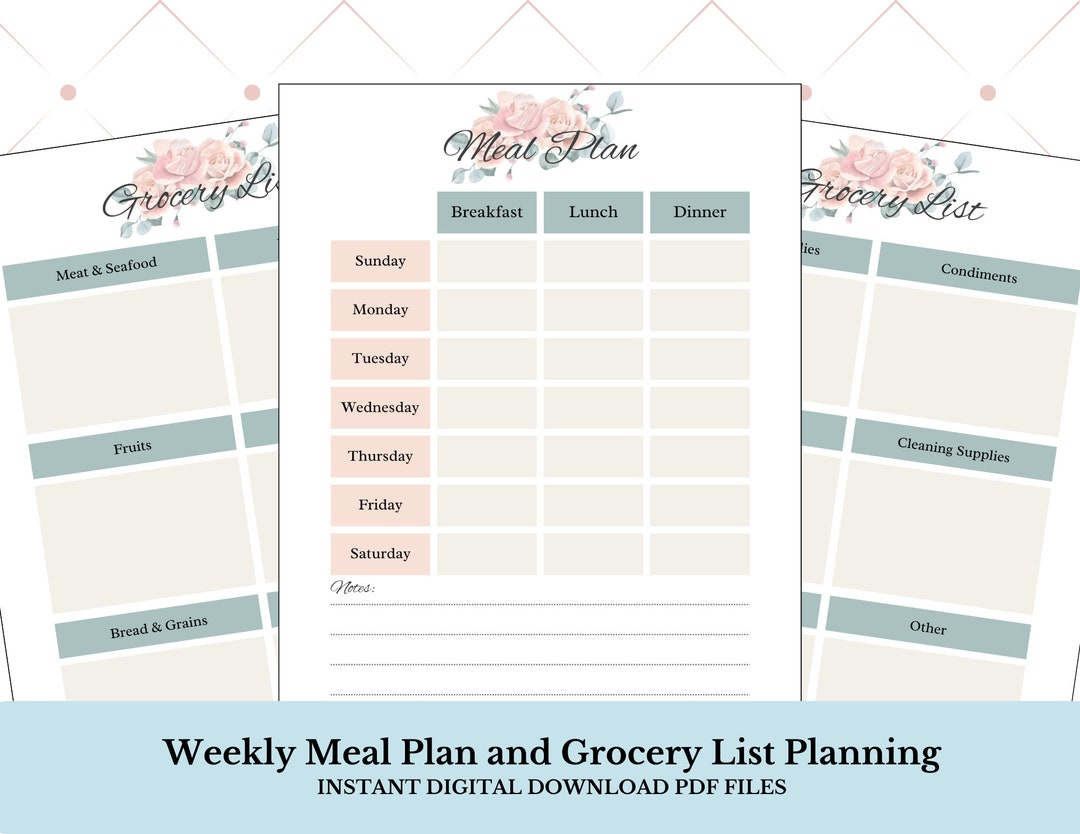 Floral Weekly Meal Plan & Grocery List (PDF Printable) - Etsy