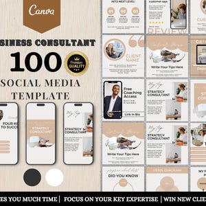 Può includere: Un collage di modelli di social media per consulenti aziendali. I modelli presentano una varietà di design, tra cui citazioni, grafici e immagini. Il testo "Business Consultant 100 Social Media Template" è visualizzato nella parte superiore del collage.