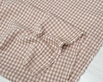 Organic Cotton Double Gauze Gingham Fabric in light natural tan fawn colors sold by the half yard | soft lightweight apparel fabric
