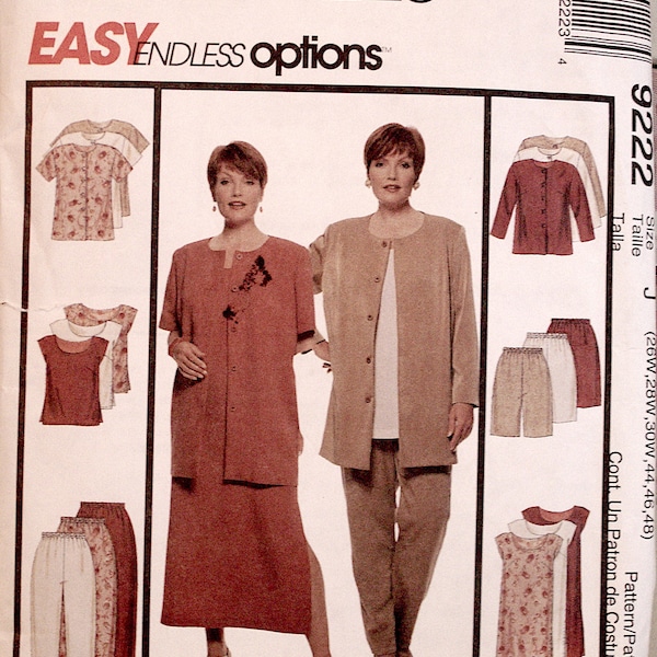 Vintage McCall's Pattern #9222, Plus Sewing Pattern, LAGENLOOK Unlined Jacket, Dress, Top, Pants, Shorts, Women's J 26W-30W- Bust 44, 46, 48