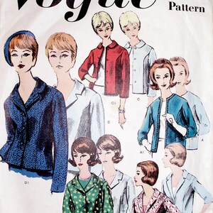 May include: A Vogue Pattern envelope for a basic jacket design, number 3007. The front features illustrations of various jacket styles in colors including blue, red, light blue, green with yellow floral patterns, and pink with floral prints on figures.