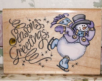 Sello de goma navideño de STAMPENDOUS n.° P055: Muñeco de nieve patinando, sello de madera, tarjetas navideñas, etiquetas de regalo, decoraciones navideñas, libros para colorear