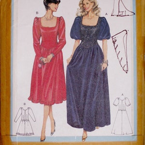 May include: A vintage sewing pattern for a medieval dress with a train. The pattern is for sizes 34-42 and 8-16. The pattern includes instructions for making a red dress with a square neckline and a blue dress with a square neckline and a train.