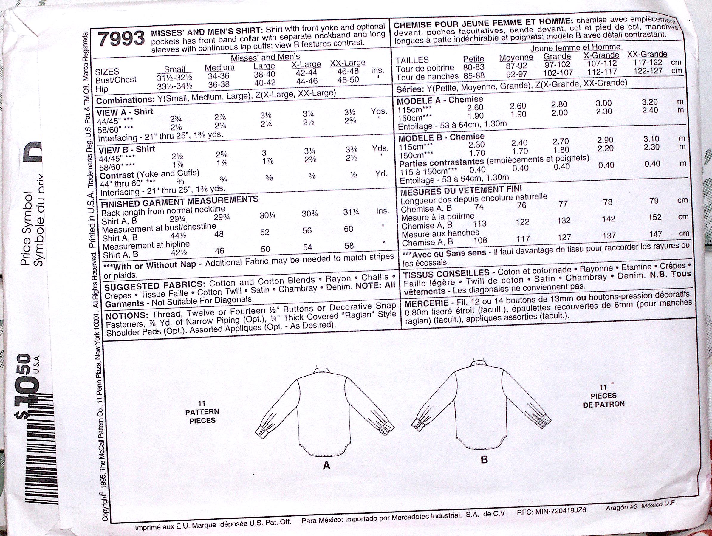 Mccall's 7993 Men's & Misses' Western Shirts Pattern Sizes Sm, Med, Lrg ...