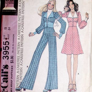 May include: Vintage McCall's 3955 sewing pattern with illustrations of a blue plaid jumpsuit and a pink polka dot dress. The pattern includes instructions for misses' and junior tops, skirts, and trousers. The pattern size is 12, with a bust size of 86 cm.