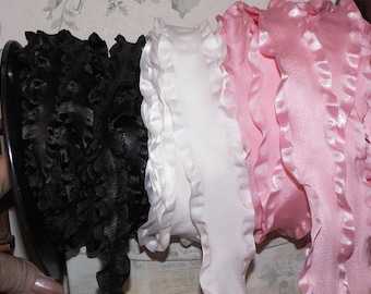 Ruffled Ribbon in 3 Colors, 3/4" Black, 1.5" White 1.5" Pink, Flower Arrangement Wreath Sewing Crafts, Home Decor, Shabby Chic, Cottage Core