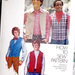 May include: Simplicity sewing pattern 5945 for vests in size 44 chest. The envelope features illustrations of four different vest styles worn over various shirts and pants, with text reading 'HOW TO SEW PATTERN' and 'Including a Tissue Lesson Chart'.