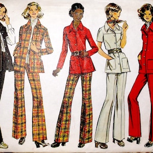 May include: Vintage sewing pattern featuring five illustrations of women's suits. The suits include flared pants, jackets, and vests in various colors and patterns, including plaid and solid colors. The bust size is 36 inches.