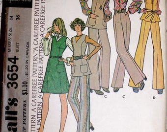 McCall's Pattern #3654 Sewing Pattern,  Size Misses 14, Bust 36 Vintage PATTERN ©1973 Jumper or Tunic, Blouse & Pants, Uncut FF