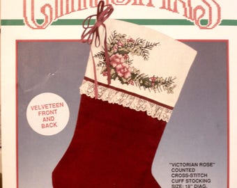 Bucilla #82511 Christmas Stocking, Victorian Rose Counted Cross Stitch Kit, 18" Stocking Kit with Complete Supplies Vintage ©1980's