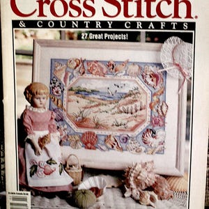 Broderie, broderie, livre, point de croix, &, pays, artisanat, magazine, janvier/février, 1992, millésime, piqué, valentine, valentine, mouchoir, poupées, soie, ruban