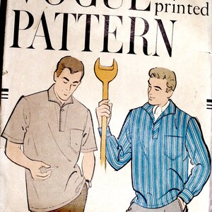 May include: A vintage Vogue printed pattern envelope, number 9496, featuring illustrations of two shirts. One is a solid light-colored short-sleeve polo, and the other is a blue and white striped long-sleeve shirt. A large yellow wrench is illustrated between them.