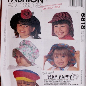 May include: McCall's Fashion Accessories pattern envelope featuring children's hats. The hats include a black hat with a red rose, a red plaid baseball cap, a floral bonnet, a blue patterned sun hat, and a red, yellow, and blue beret. The text "FLAP HAPPY" is also visible.