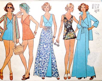 Vintage 1970s SIMPLICITY Sewing Pattern # 7497 Size Small 16, Women's Bathing Suit, Front Wrap Skirt & Shirt Jacket Rare OOP Vintage Pattern