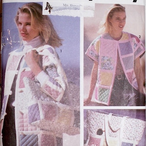 May include: Simplicity sewing pattern 7893 featuring a quilted jacket and tote bag. The pattern includes images of the finished garments in pastel colors. The pattern is size A (PT-LG).