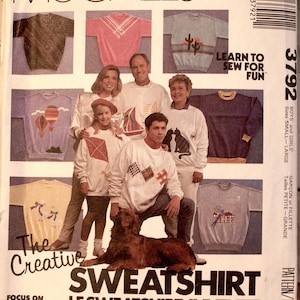 May include: McCall's Sweatshirt sewing pattern featuring a family wearing various sweatshirts with embroidered designs. The pattern includes sizes for boys and girls. The text "Learn to Sew for Fun" is also visible.