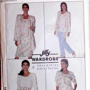 May include: Simplicity sewing pattern featuring a wardrobe of four easy pieces. The pattern includes designs for a jacket, top, skirt, and pants. The cover shows the finished garments in a floral print. The pattern is suitable for overlock/serger machines.