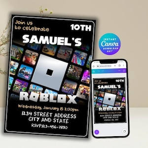 Roblox Invitation, Kids Roblox Evite, Gamer Party Evite, Boy Birthday Roblox Invitation, Roblox Birthday, Editable Canva Template, Download