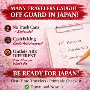 May include: A pink and red graphic with text about traveling to Japan. The text includes "Many Travelers Caught Off Guard in Japan!" and a checklist with "Passport" and "Comfy sh" marked. Also includes "Be Ready for Japan!"