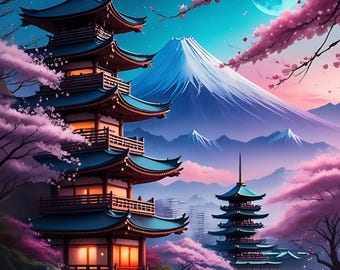 Japan Wall Art; Fuji Pagoda Fantasy, Japan Art,Japanese Wall art,Japanese poster, Japanart,Japanese Art, wall art Japanese, wall art print