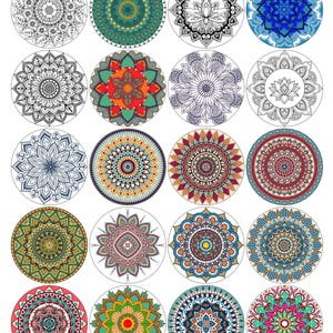 May include: A collection of twenty-one circular mandala designs. The mandalas feature intricate patterns in various colors, including black and white, teal, orange, red, blue, and pink. Each design is unique, with floral and geometric elements.