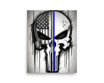 May include: A black and white graphic art print featuring a skull design with an American flag motif on one side and a blue line down the center. The skull has dark eye sockets and a stylized jawline, with black paint drips.