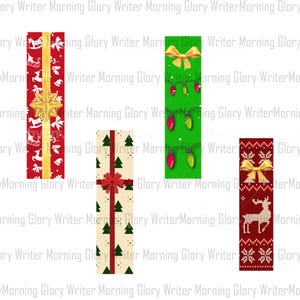 May include: Four different Christmas-themed bookmark designs. The first bookmark features a red and white gift wrap pattern with a gold bow. The second bookmark features a green background with a string of Christmas lights. The third bookmark features a beige background with a red and green gift wrap pattern. The fourth bookmark features a red and white knitted pattern with a reindeer and a gold bow.
