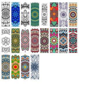 May include: A collection of colorful, patterned bookmarks. Designs include mandalas, floral patterns, and geometric shapes in various colors like blue, green, red, and orange. Some are black and white. These bookmarks are ideal for book lovers.