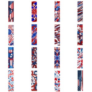 May include: A collection of rectangular designs in red, white, and blue, featuring patriotic patterns. Designs include the American flag, stars, fireworks, and abstract swirls. The overall theme is related to Independence Day.