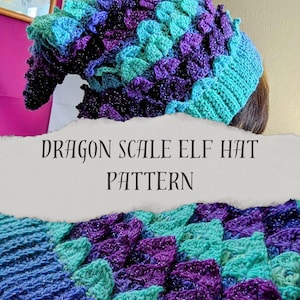 May include: A crochet elf hat with a dragon scale pattern in shades of teal, purple, and blue. The hat has a pointed top and a brim. The text "Dragon Scale Elf Hat Pattern" is written on a torn piece of paper in front of the hat.