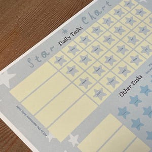 Puede incluir: Un gráfico de tareas diarias con temática de estrellas, con secciones para cada día de la semana. El gráfico presenta una combinación de colores azul claro y amarillo con ilustraciones de estrellas y el texto "Star Daily Tasks Chart."