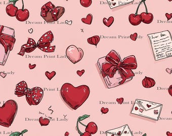 Seamless pattern Valentine, Cherry Hearts and Chocolates, Stoffmuster, Cherry,  Heart, Love, Valentines Day, Cute Patterns
