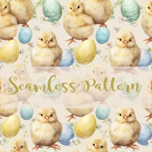 Könnte beinhalten: Ein nahtloses Muster mit Aquarellillustrationen von flauschigen gelben Küken, pastellfarbenen Ostereiern und zarten weißen Blumen. Der Text "Seamless Pattern" wird in Schreibschrift angezeigt.
