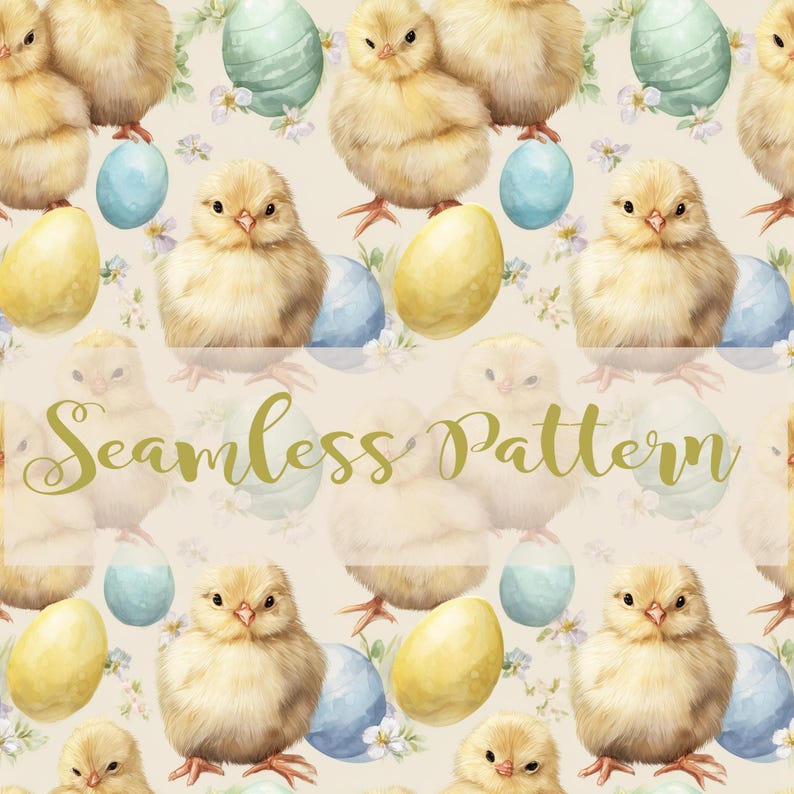 K&ouml;nnte beinhalten: Ein nahtloses Muster mit Aquarellillustrationen von flauschigen gelben K&uuml;ken, pastellfarbenen Ostereiern und zarten wei&szlig;en Blumen. Der Text "Seamless Pattern" wird in Schreibschrift angezeigt.